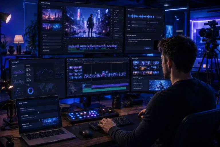 Modern AI software generating automated marketing videos and digital content