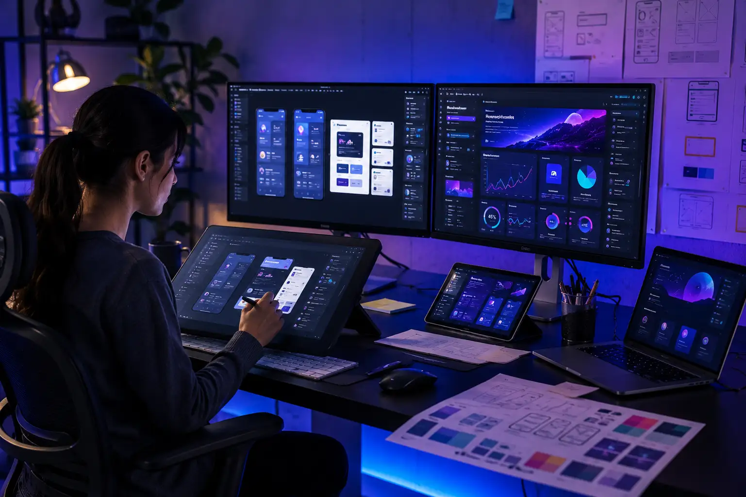 Futuristic UI and UX digital design workspace with modern interfaces and creative technology