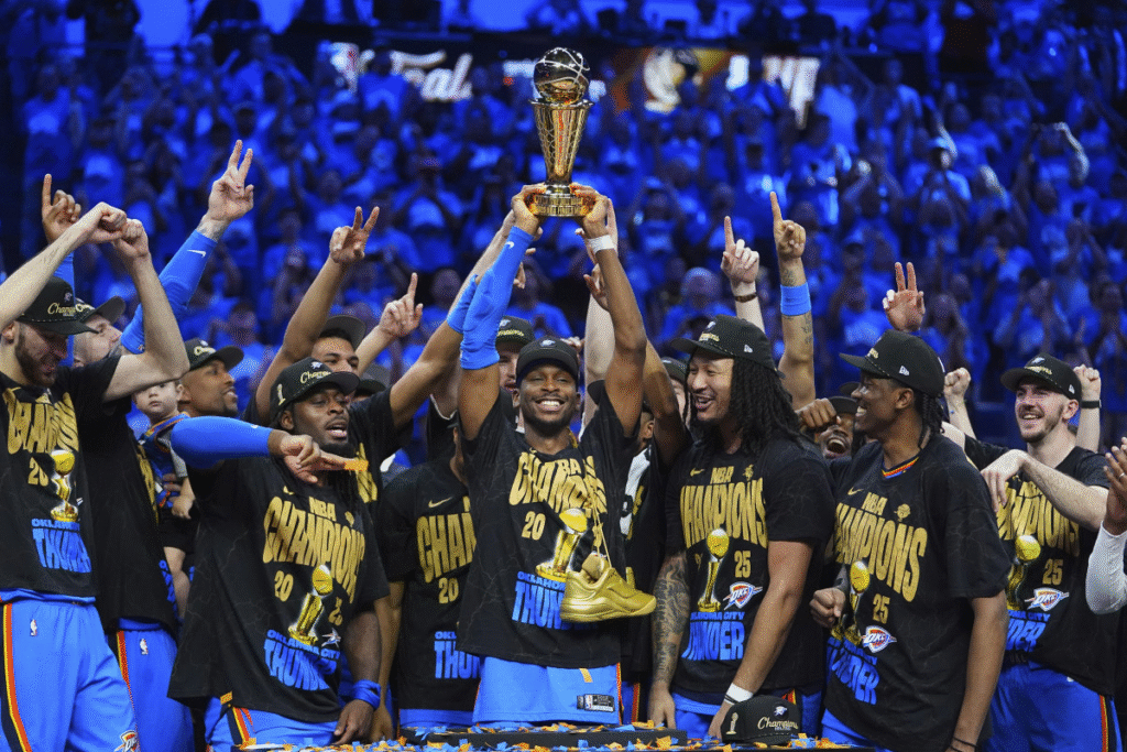 The Oklahoma City Thunder win their first NBA title in franchise history.