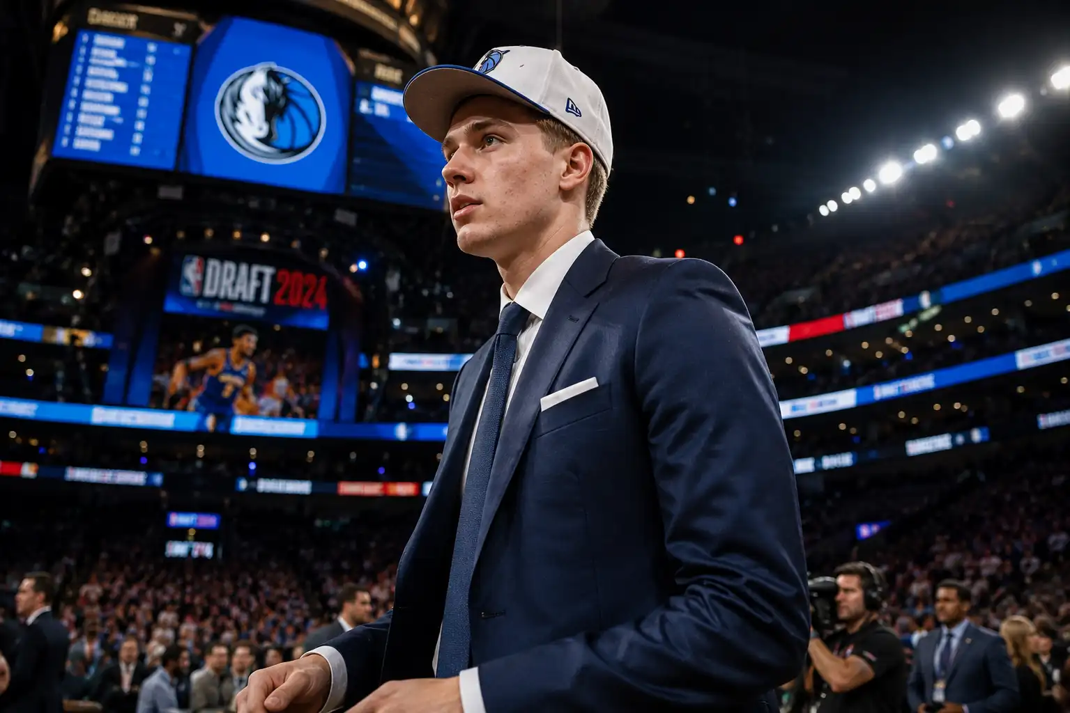 Cooper Flagg during a basketball draft presentation connected to the Dallas Mavericks
