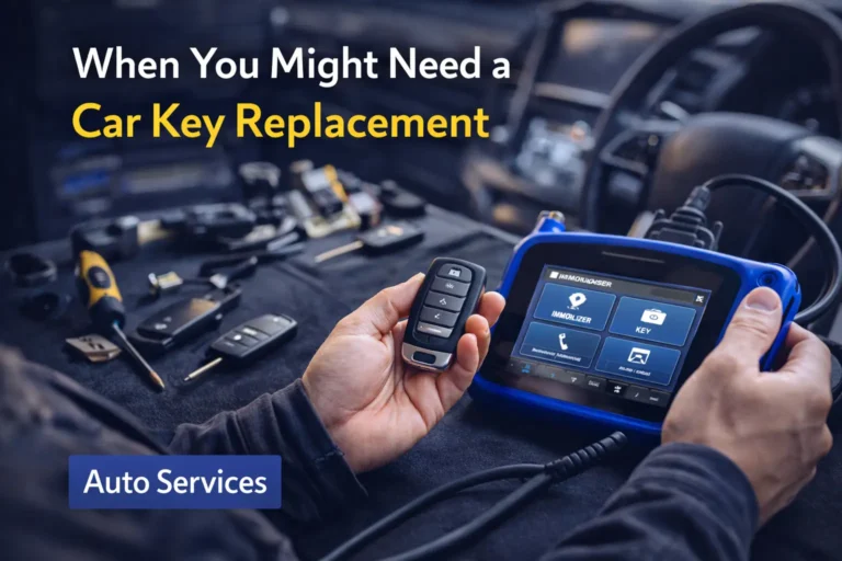Automotive locksmith programming a modern car key replacement using diagnostic tools.