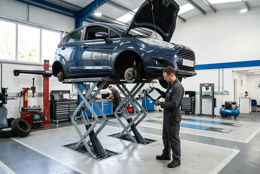 Car undergoing MOT inspection and servicing in UK garage