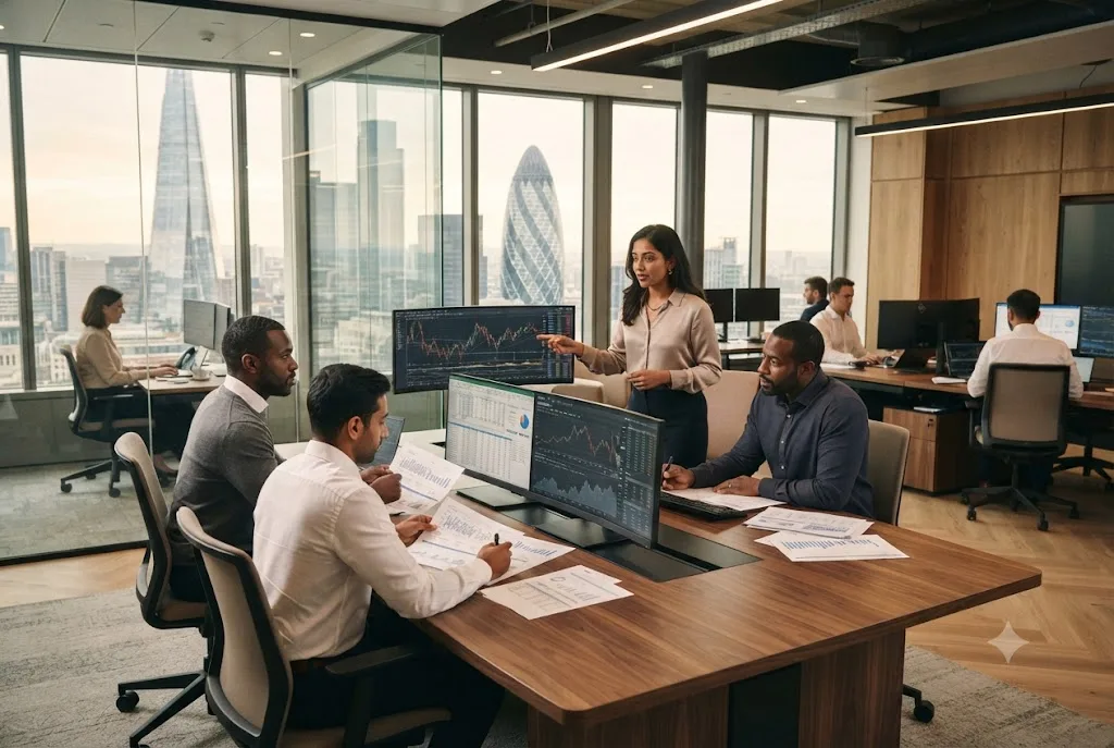 Professionals exploring the best jobs in finance within a modern UK business environment