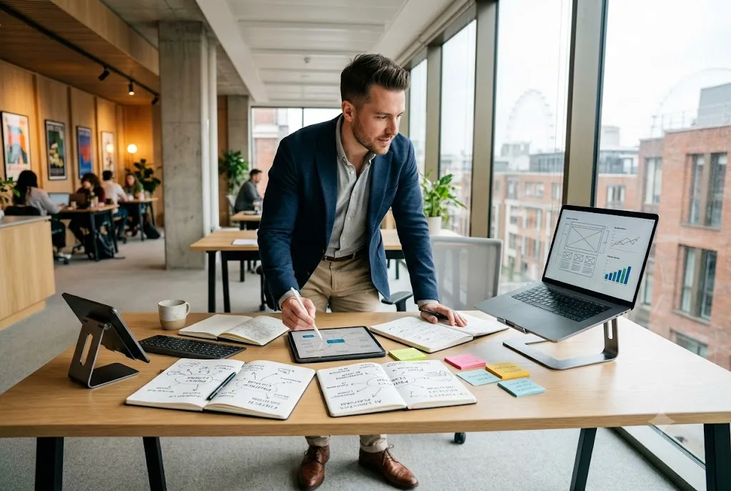 Entrepreneur researching business ideas UK opportunities