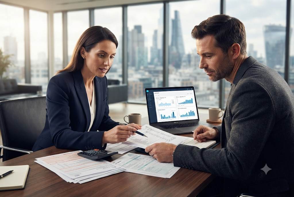 Accountant explaining business taxes to a UK business owner