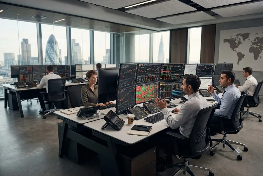 Financial professionals analysing capital markets definition and securities trading activity