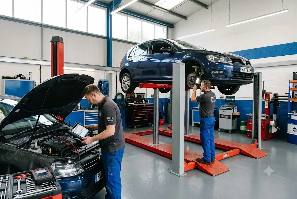 Car receiving MOT inspection and servicing in UK garage