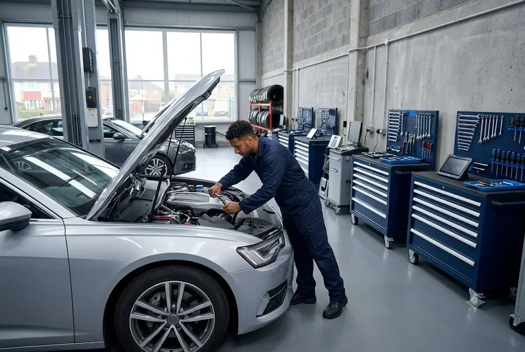 Mechanic performing car service in a professional UK garage
