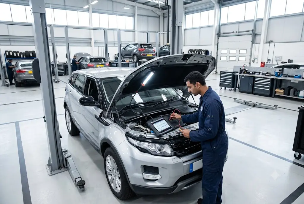 Mechanic inspecting a car during servicing in a UK garage