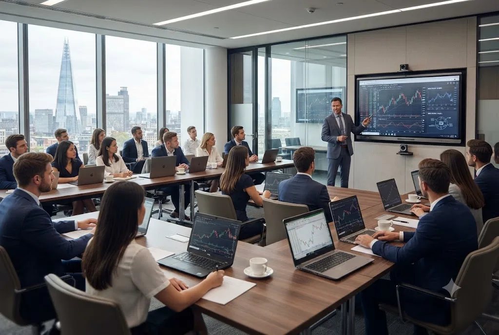 Students attending financial services courses and professional finance training