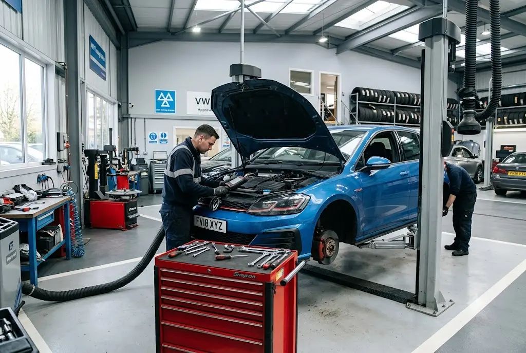 Car receiving full service and MOT inspection in UK garage