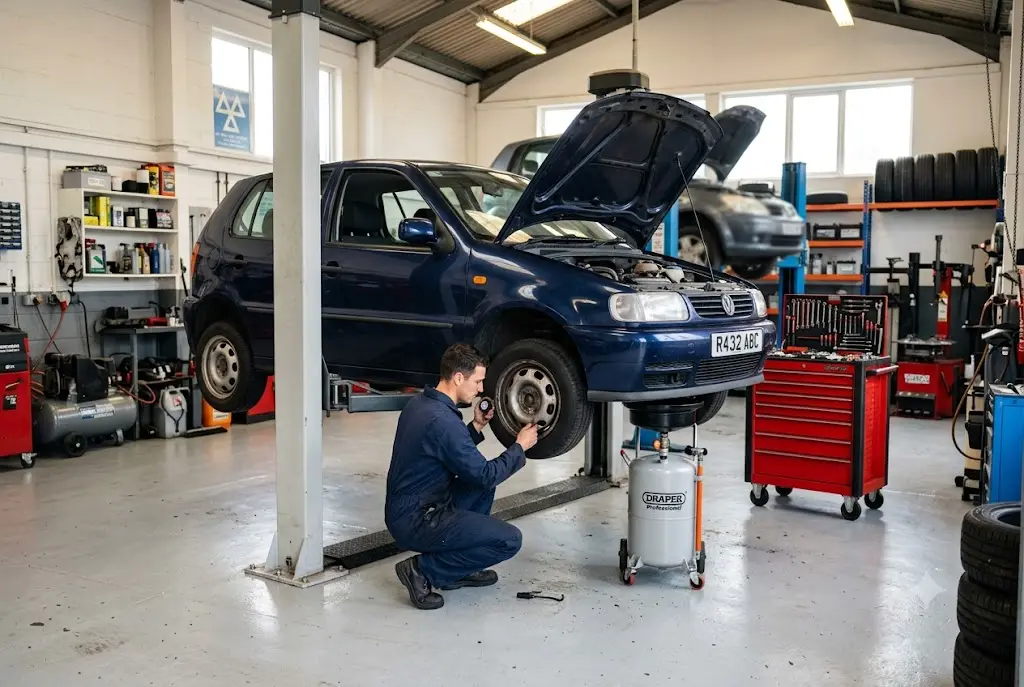 Car receiving interim service and MOT inspection in UK garage