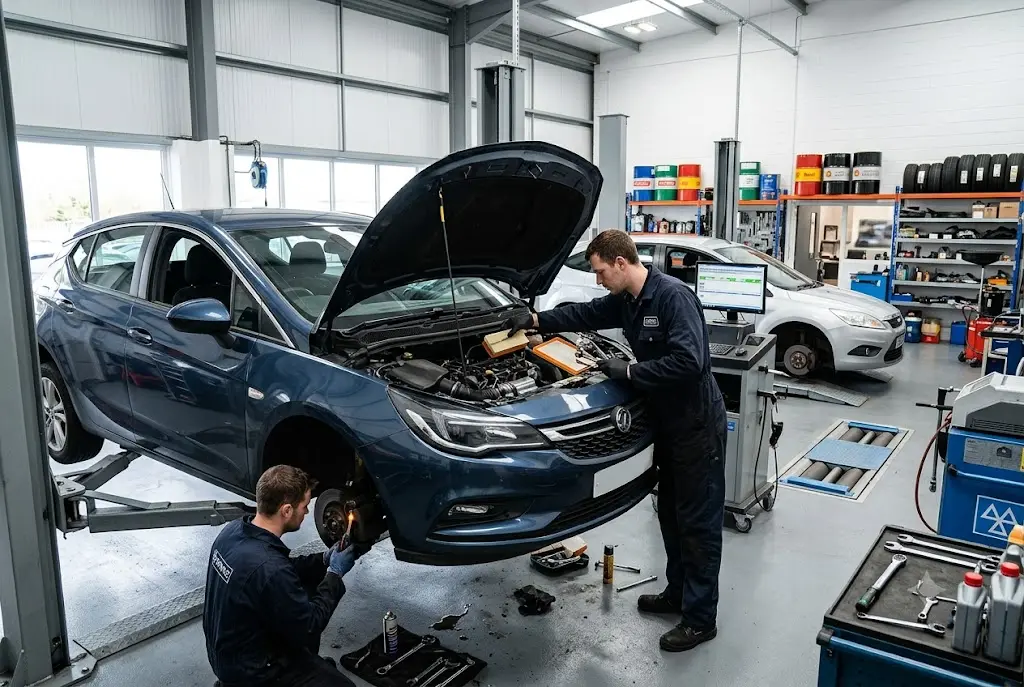 Car undergoing major service and MOT inspection in UK garage