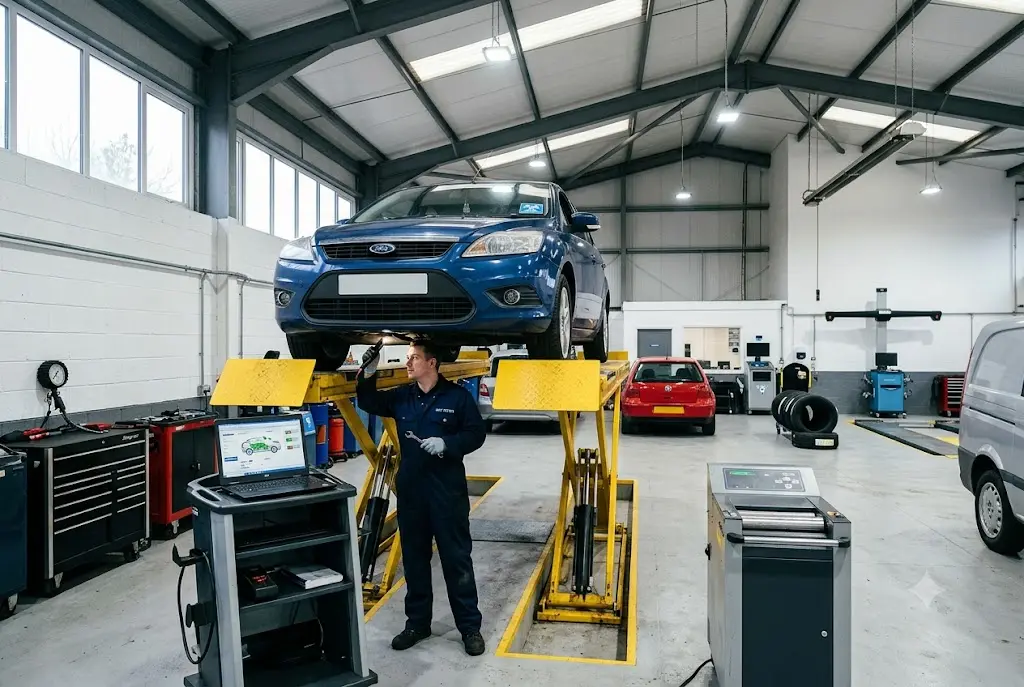 Vehicle undergoing MOT inspection in a UK garage