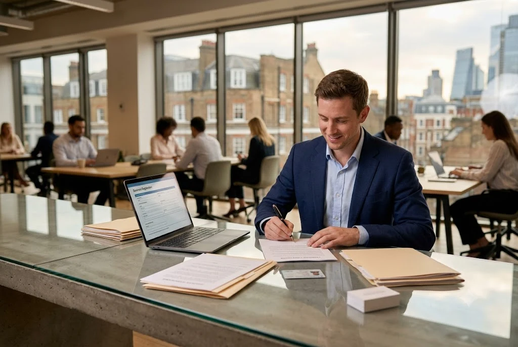 Entrepreneur registering a business in the UK through official channels