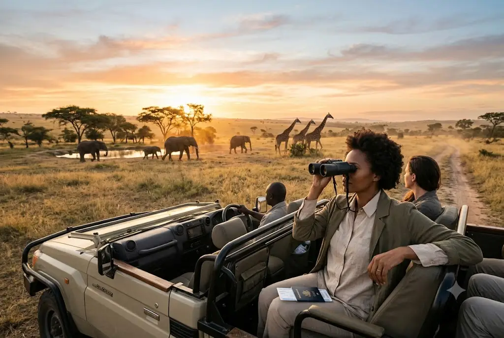 Traveller on an African safari with safari travel insurance for wildlife adventures.