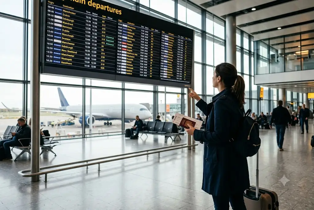 Traveller at an airport learning about scheduled airline failure travel insurance before departure.