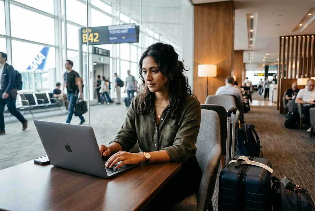 Traveller purchasing travel insurance already travelling while at an international airport