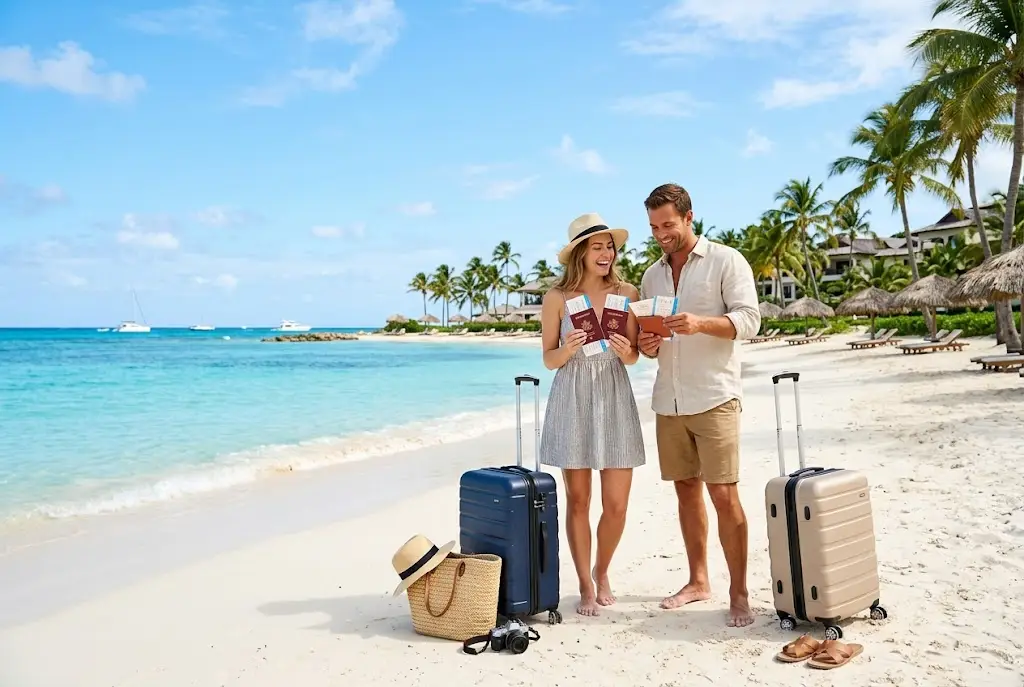 Couple preparing for a tropical holiday with travel insurance for Caribbean destinations.