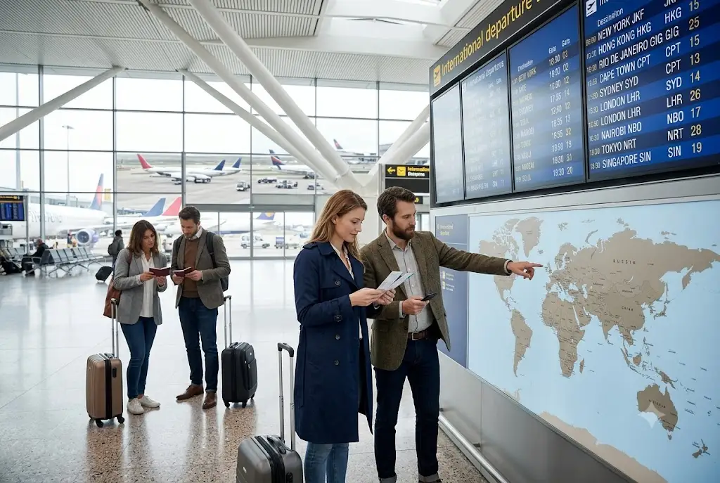 Traveller planning international trips using worldwide travel insurance covering multiple countries.