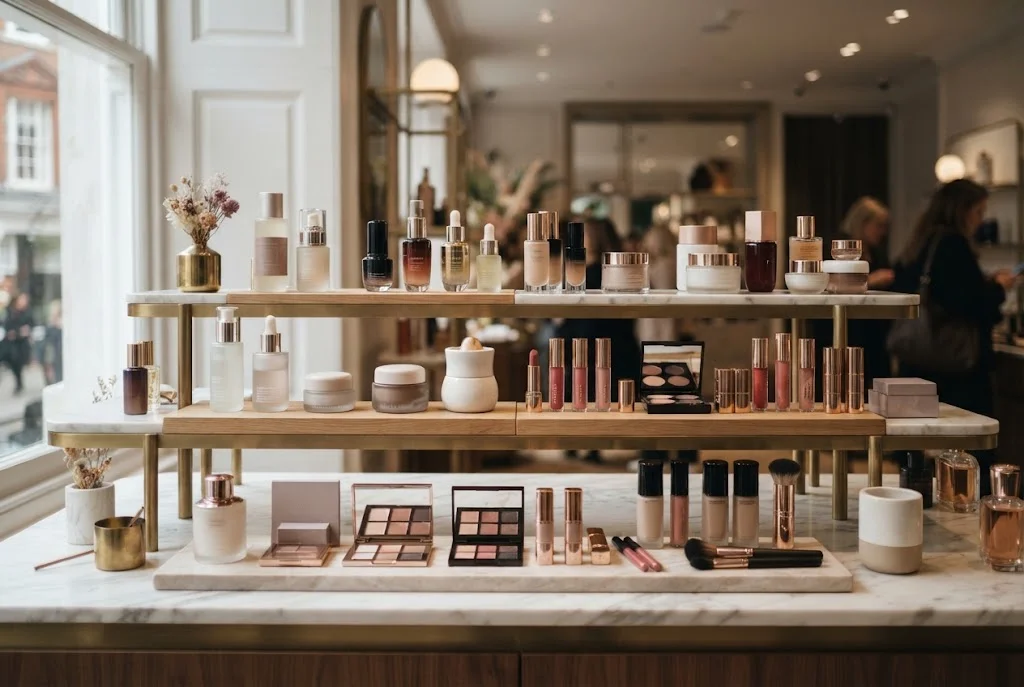 Beauty brands and cosmetics displayed in a modern UK beauty retail setting
