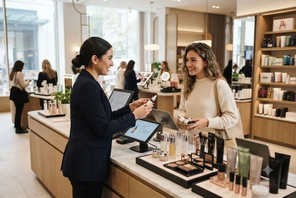 Beauty customer service desk helping customers with beauty orders and products