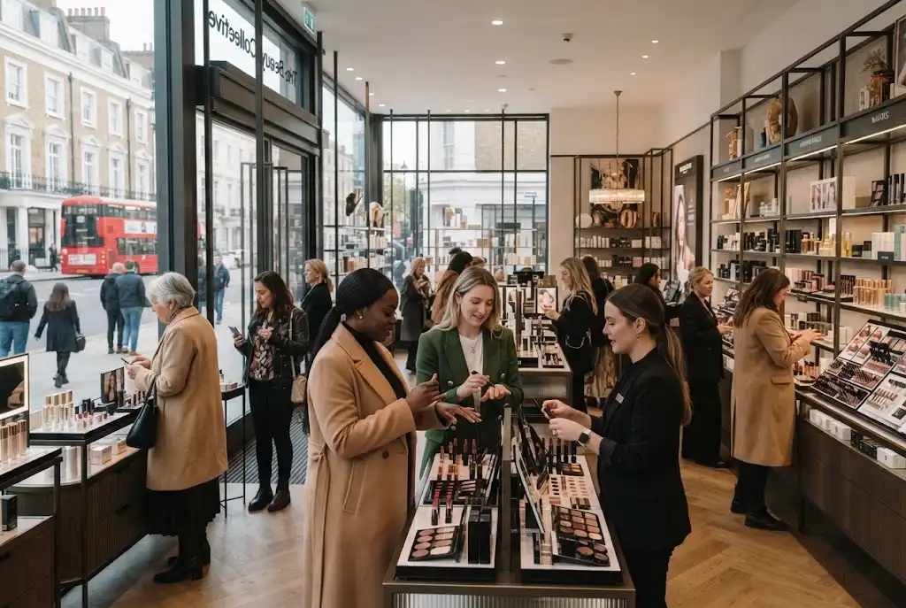 Beauty shops London with shoppers browsing cosmetics and beauty products