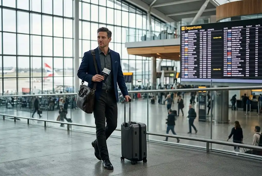 Business traveller protected by corporate travel insurance at an international airport