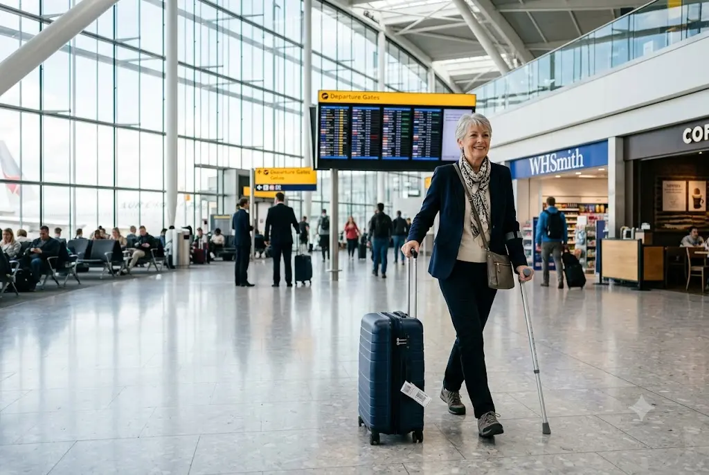 Traveller using hip replacement travel insurance before an international holiday