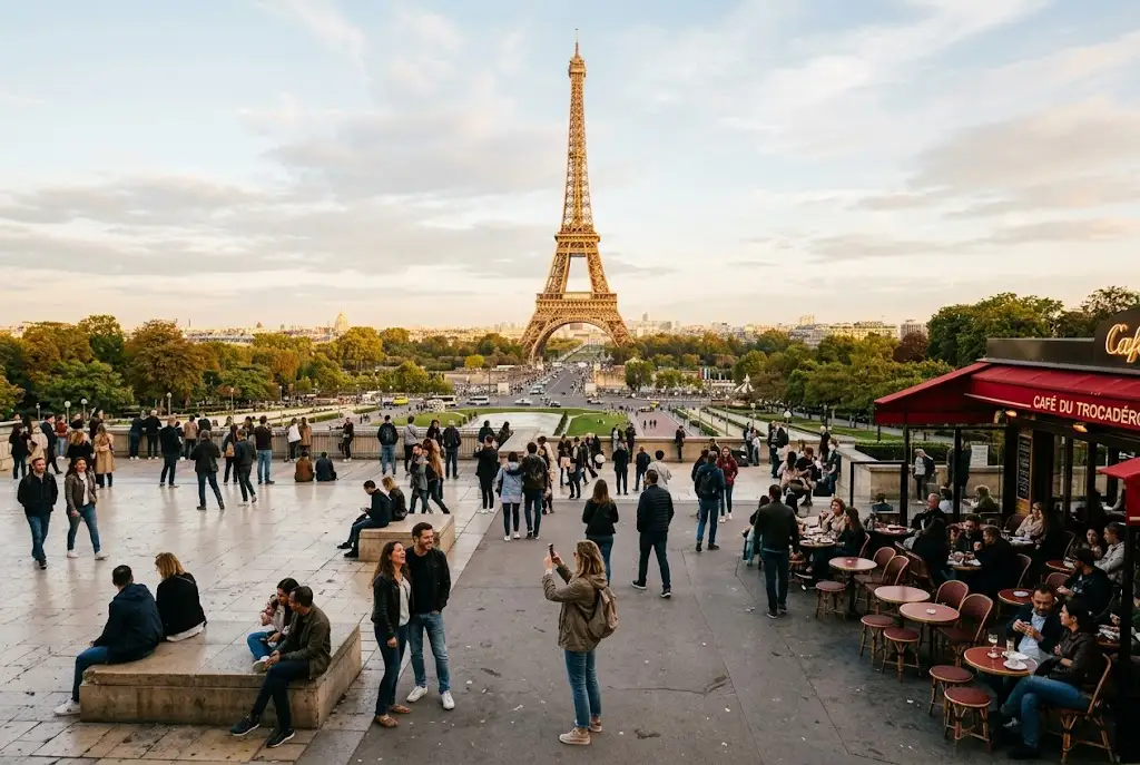 Traveller enjoying Paris on a budget near the Eiffel Tower
