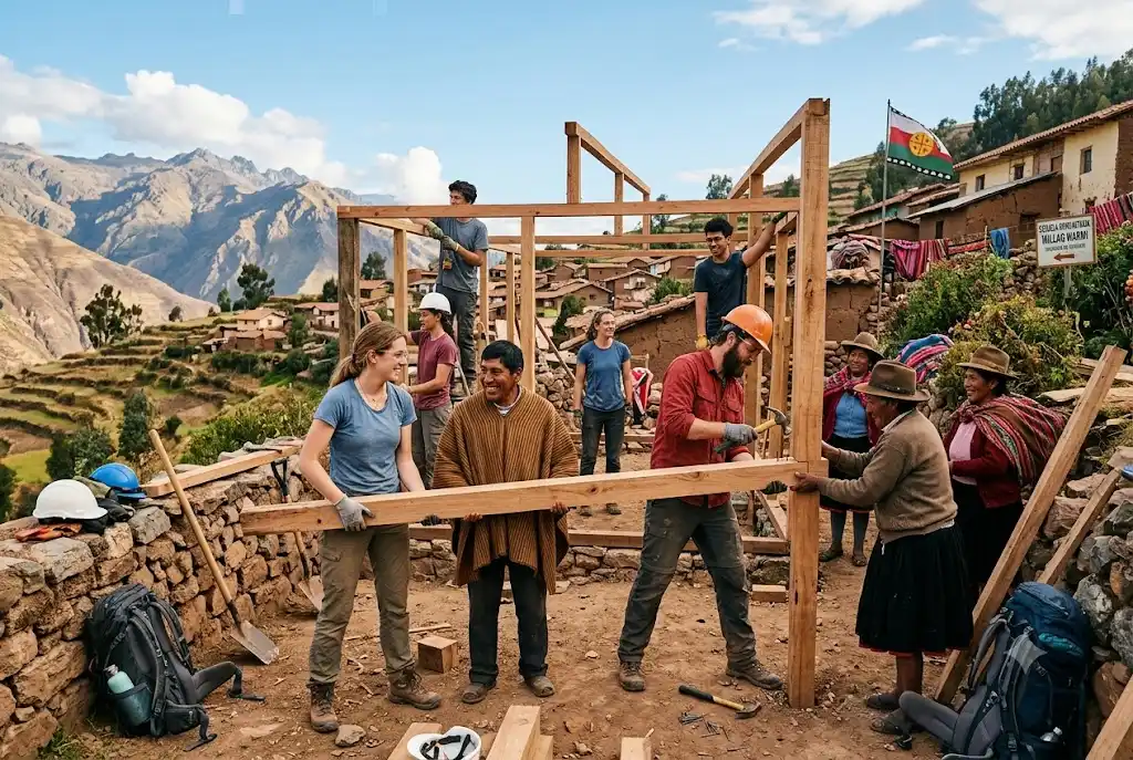International volunteers protected with volunteer travel insurance during an overseas project